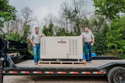 NZ8_4795-2880w Backup generator installed next to a home, mounted on a concrete slab with natural gas hookup, designed to minimize installation costs and maximize efficiency during severe weather conditions