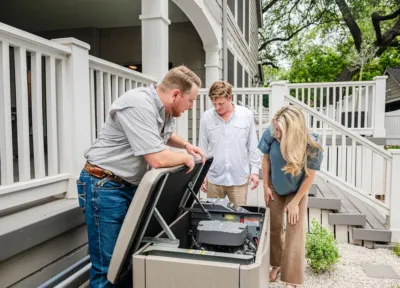 Home standby generator receiving service shortly after installation, helping homeowners stay within budget while maintaining long-term reliability